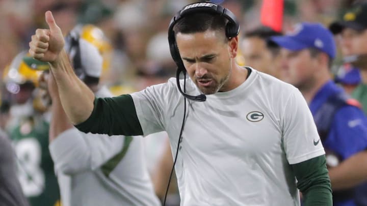 Green Bay Packers head coach Matt LaFleur reacts after Detroit Lions quarterback Jared Goff was called for intentionally grounding the ball during the second quarter of their game Monday, September 20, 2021 at Lambeau Field in Green Bay, Wis. The Green Bay Packers beat the Detroit Lions 35-17. Green Bay Packers head coach Matt LaFleur reacts after Detroit Lions quarterback Jared Goff was called for intentionally grounding the ball during the second quarter of their game Monday, September 20, 2021 at Lambeau Field in Green Bay, Wis. The Green Bay Packers beat the Detroit Lions 35-17.