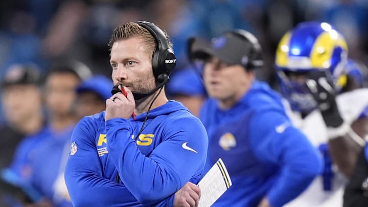 Jan 10, 2026; Charlotte, NC, USA; Los Angeles Rams head coach Sean McVay in the first half during the NFC Wild Card Round game at Bank of America Stadium. Mandatory Credit: Jim Dedmon-Imagn Images