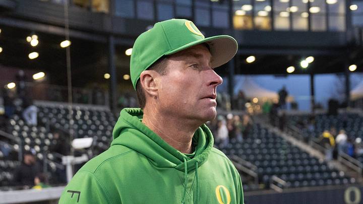 Oregon baseball coach Mark Wasikowski joins his team after defeating Toledo at PK Park in Eugene Friday, Feb. 14, 2025. Oregon baseball coach Mark Wasikowski joins his team after defeating Toledo at PK Park in Eugene Friday, Feb. 14, 2025.