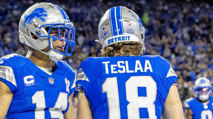 Detroit Lions wide receiver Isaac Teslaa (18) scores a touchdown during the third quarter against Pittsburgh Steelers 