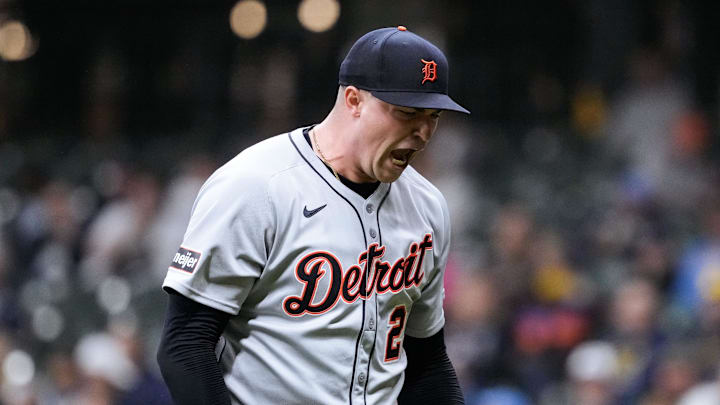 Apr 14, 2025; Milwaukee, Wisconsin, USA;  Detroit Tigers pitcher Tarik Skubal (29) reacts after striking out Milwaukee Brewers first baseman Rhys Hoskins (12) (not pictured) during the sixth inning at American Family Field. 