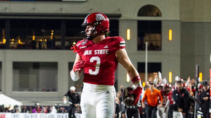 Jacksonville State Gamecocks wide receiver Brock Rechsteiner (3) catches a pass in the end zone for a touchdown as Troy Trojans take on Jacksonville State Gamecocks during the IS4S Salute to Veterans Bowl at Cramton Bowl in Montgomery, Ala. on Tuesday, Dec. 16, 2025. Troy Trojans lead Jacksonville State Gamecocks 13-7 at halftime.