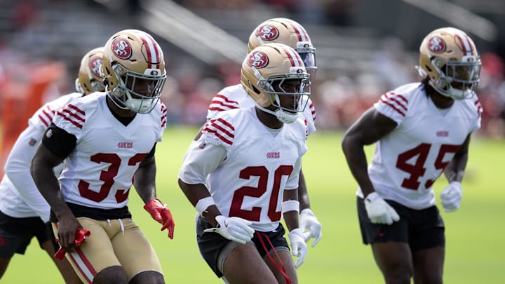 Jul 23, 2025; Santa Clara, CA, USA; San Francisco 49ers defensive backs run drills during the first day of training camp at SAP Performance Facility. Mandatory Credit: D. Ross Cameron-Imagn Images Jul 23, 2025; Santa Clara, CA, USA; San Francisco 49ers defensive backs run drills during the first day of training camp at SAP Performance Facility. Mandatory Credit: D. Ross Cameron-Imagn Images