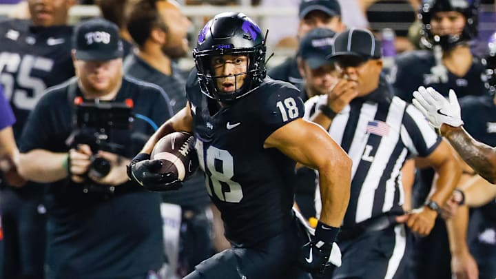 Sep 14, 2024; Fort Worth, Texas, USA; TCU Horned Frogs wide receiver Jack Bech (18) runs down the sideline during the fourth quarter against the UCF Knights at Amon G. Carter Stadium. Mandatory Credit: Andrew Dieb-Imagn Images Sep 14, 2024; Fort Worth, Texas, USA; TCU Horned Frogs wide receiver Jack Bech (18) runs down the sideline during the fourth quarter against the UCF Knights at Amon G. Carter Stadium. Mandatory Credit: Andrew Dieb-Imagn Images