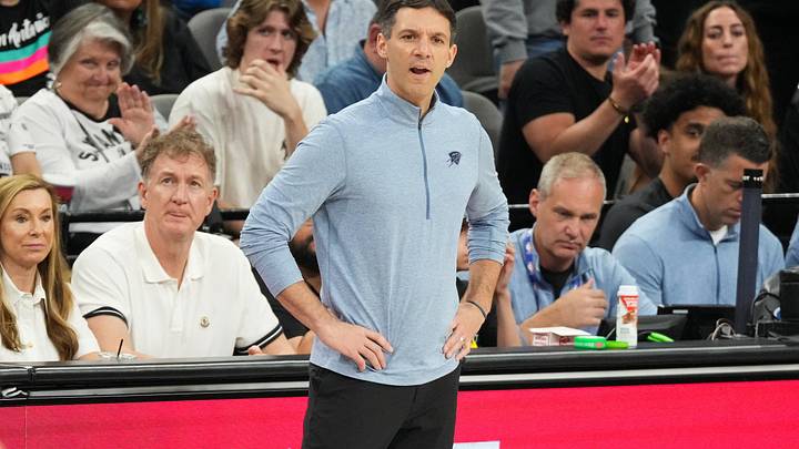 May 24, 2026; San Antonio, Texas, USA; Oklahoma City Thunder head coach Mark Daigneault looks on in the second quarter against the San Antonio Spurs  during game four of the western conference finals for the 2026 NBA playoffs at Frost Bank Center. Mandatory Credit: Scott Wachter-Imagn Images