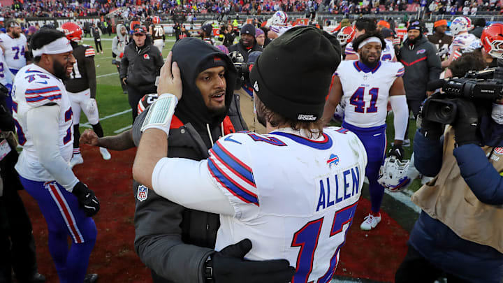 Cleveland Browns quarterback Deshaun Watson, facing, hugs Buffalo Bills quarterback Josh Allen (17) after an NFL football game at Huntington Bank Field, Dec. 21, 2025, in Cleveland, Ohio. Cleveland Browns quarterback Deshaun Watson, facing, hugs Buffalo Bills quarterback Josh Allen (17) after an NFL football game at Huntington Bank Field, Dec. 21, 2025, in Cleveland, Ohio.