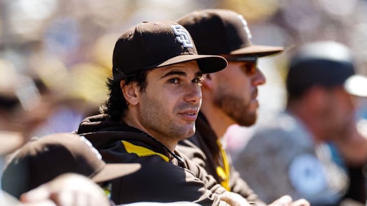 Padres starting pitcher Dylan Cease (84) looks on during the seventh inning against the Colorado Rockies at Petco Park on April 13. Padres starting pitcher Dylan Cease (84) looks on during the seventh inning against the Colorado Rockies at Petco Park on April 13.