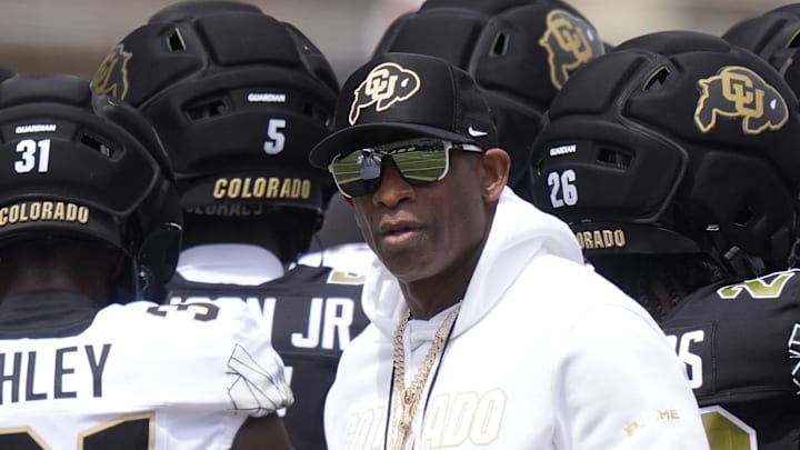 Apr 11, 2026; Boulder, CO, USA; Colorado Buffaloes head coach Deion Sanders before the start of the spring game at Folsom Field. 
