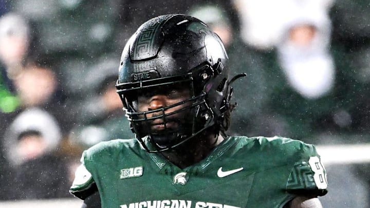 Michigan State's Ru'Quan Buckley celebrates a tackle for a loss against Purdue during the fourth quarter on Friday, Nov. 22, 2024, at Spartan Stadium in East Lansing. Michigan State's Ru'Quan Buckley celebrates a tackle for a loss against Purdue during the fourth quarter on Friday, Nov. 22, 2024, at Spartan Stadium in East Lansing.