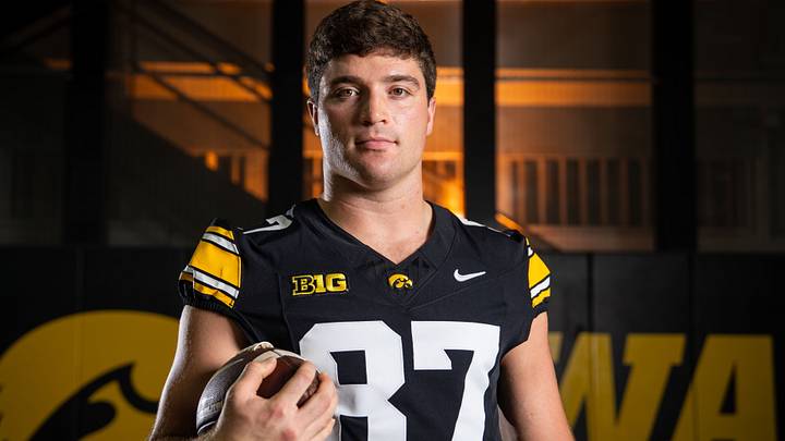 Iowa tight end Addison Ostrenga (87) stands for a portrait during Hawkeye football media day, Friday, Aug. 14, 2026, in Iowa City. Iowa tight end Addison Ostrenga (87) stands for a portrait during Hawkeye football media day, Friday, Aug. 14, 2026, in Iowa City.