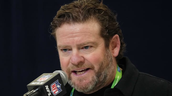 Feb 25, 2025; Indianapolis, IN, USA; Seattle Seahawks general manager John Schneider speaks during the NFL Scouting Combine at the Indiana Convention Center. Mandatory Credit: Kirby Lee-Imagn Images Feb 25, 2025; Indianapolis, IN, USA; Seattle Seahawks general manager John Schneider speaks during the NFL Scouting Combine at the Indiana Convention Center. Mandatory Credit: Kirby Lee-Imagn Images