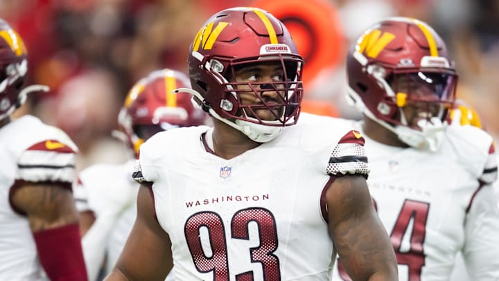 Sep 29, 2024; Glendale, Arizona, USA; Washington Commanders defensive tackle Jonathan Allen (93) against the Arizona Cardinals at State Farm Stadium. Mandatory Credit: Mark J. Rebilas-Imagn Images