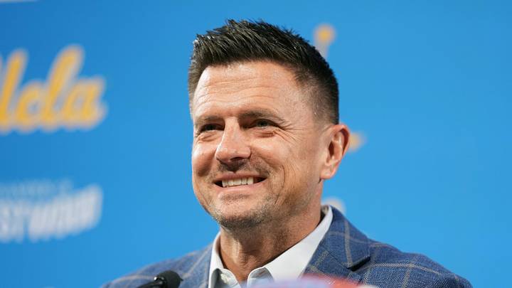 Dec 9, 2025; Los Angeles, CA, USA; Bob Chesney is introduced as UCLA Bruins football coach at press conference at Renee Luskin Conference Center Centennial Ballroom. Mandatory Credit: Kirby Lee-Imagn Images