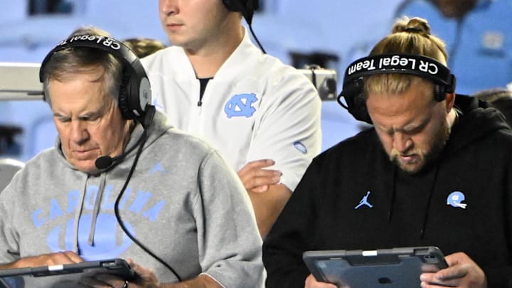 Sep 1, 2025; Chapel Hill, North Carolina, USA; North Carolina Tar Heels head coach Bill Belichick on the sidelines in the fourth quarter at Kenan Stadium. Mandatory Credit: Bob Donnan-Imagn Images Sep 1, 2025; Chapel Hill, North Carolina, USA; North Carolina Tar Heels head coach Bill Belichick on the sidelines in the fourth quarter at Kenan Stadium. Mandatory Credit: Bob Donnan-Imagn Images
