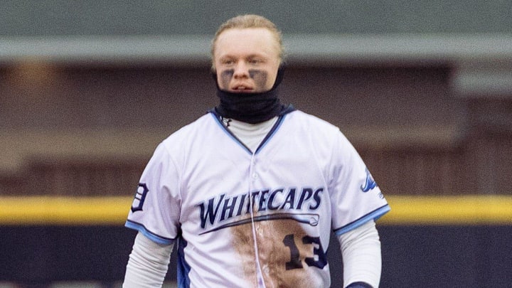 Whitecaps center fielder Max Clark walks toward the dugout on Friday, April, 4, at LMCU Ballpark.