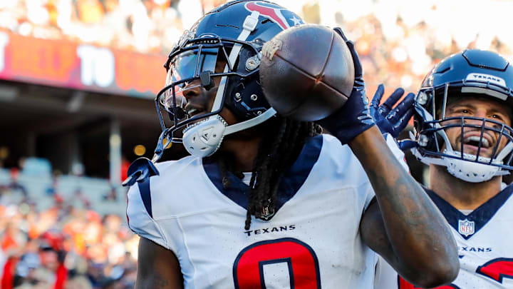 Nov 12, 2023; Cincinnati, Ohio, USA; Houston Texans cornerback Shaquill Griffin (0) reacts after intercepting the ball against the Cincinnati Bengals in the second half at Paycor Stadium. Mandatory Credit: Katie Stratman-Imagn Images