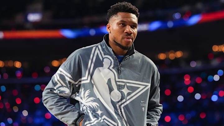 Feb 15, 2026; Inglewood, California, USA; Team World forward Giannis Antetokounmpo (34) of the Milwaukee Bucks looks on during the 75th NBA All Star Game at Intuit Dome. Mandatory Credit: Kirby Lee-Imagn Images Feb 15, 2026; Inglewood, California, USA; Team World forward Giannis Antetokounmpo (34) of the Milwaukee Bucks looks on during the 75th NBA All Star Game at Intuit Dome. Mandatory Credit: Kirby Lee-Imagn Images