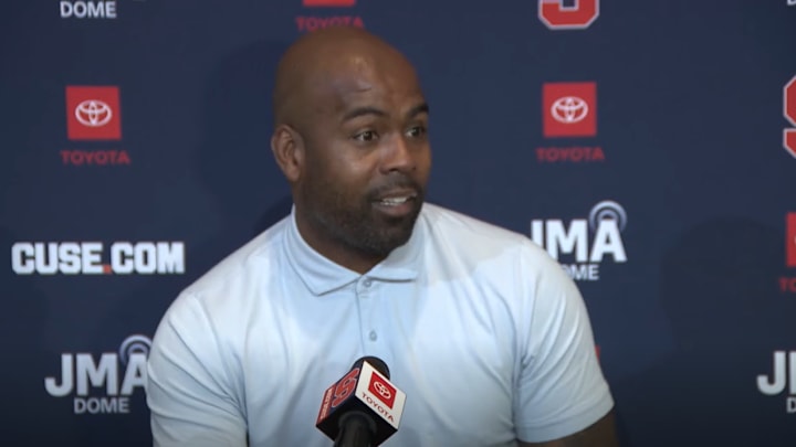 September 15, 2025; Syracuse, New York, USA; Syracuse coach Fran Brown addresses the media at his weekly press conference at the John A. Lally Athletics Complex. Mandatory Credit: Screen shot from Syracuse University Athletic Communications