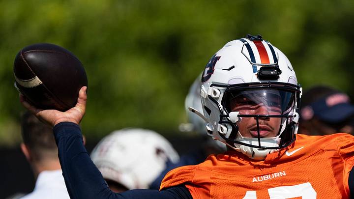 Auburn Tigers quarterback Byrum Brown (17) throws the ball during the first day of football practice at the Woltosz Football Performance Center in Auburn, Ala. on Wednesday, Aug. 5, 2026.