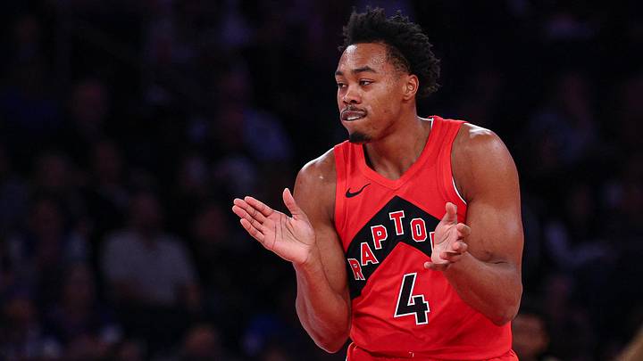 Oct 15, 2026; New York, New York, USA; Toronto Raptors small forward Scottie Barnes (4) reacts after a basket against the New York Knicks during the first quarter at Madison Square Garden. Mandatory Credit: Vincent Carchietta-Imagn Images Oct 15, 2026; New York, New York, USA; Toronto Raptors small forward Scottie Barnes (4) reacts after a basket against the New York Knicks during the first quarter at Madison Square Garden. Mandatory Credit: Vincent Carchietta-Imagn Images