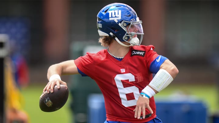 May 10, 2025; East Rutherford, NJ, USA; New York Giants quarterback Jaxson Dart (6) throws a pass during rookie minicamp at Quest Diagnostics Training Center. Mandatory Credit: John Jones-Imagn Images