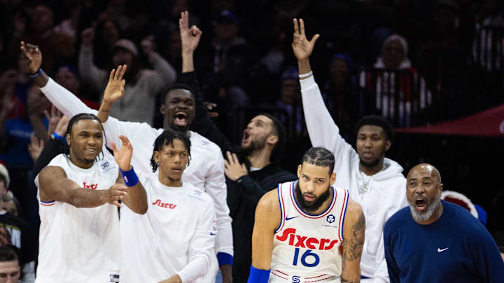 Philadelphia 76ers forward Caleb Martin (16) reacts after his three point score against the San Antonio Spurs during the fourth quarter at Wells Fargo Center.
