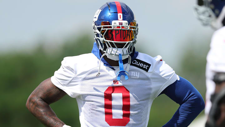 Jul 23, 2025; East Rutherford, NJ, USA; New York Giants linebacker Brian Burns (0) looks on during training camp at Quest Diagnostics Training Center. Mandatory Credit: Vincent Carchietta-Imagn Images