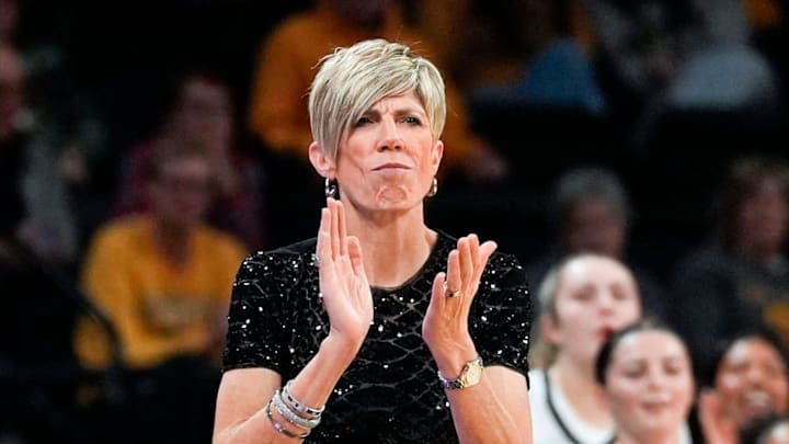 Iowa head coach Jan Jensen reacts during a basketball game against the Lindenwood Lions Dec. 13, 2025 at Carver-Hawkeye Arena in Iowa City, Iowa.