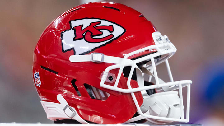 Aug 9, 2025; Glendale, Arizona, USA; Detailed view of a Kansas City Chiefs helmet during a preseason NFL game at State Farm Stadium. Mandatory Credit: Mark J. Rebilas-Imagn Images