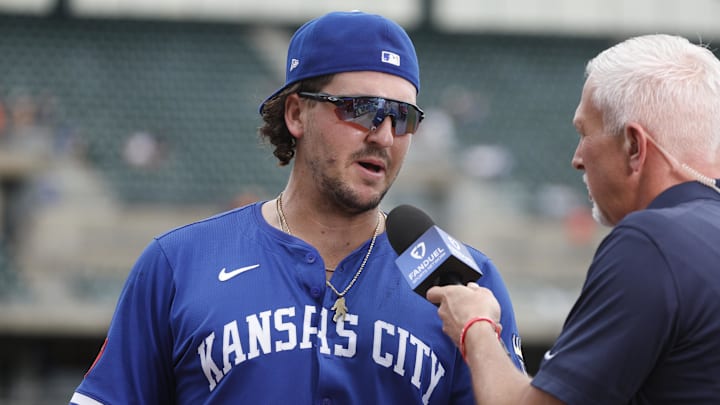 Aug 24, 2025; Detroit, Michigan, USA; Kansas City Royals first baseman Vinnie Pasquantino (9) is interviewed at the end of the game against the Detroit Tigers at Comerica Park. Mandatory Credit: Brian Bradshaw Sevald-Imagn Images Aug 24, 2025; Detroit, Michigan, USA; Kansas City Royals first baseman Vinnie Pasquantino (9) is interviewed at the end of the game against the Detroit Tigers at Comerica Park. Mandatory Credit: Brian Bradshaw Sevald-Imagn Images