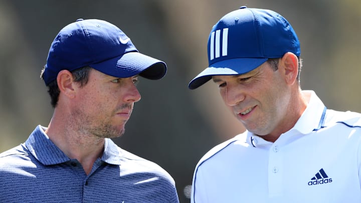 Rory McIlroy (left), talking to Sergio Garcia at the 2021 Players Championship, expressed confusion over Garcia's reaction to not making the 2025 European Ryder Cup team. Rory McIlroy (left), talking to Sergio Garcia at the 2021 Players Championship, expressed confusion over Garcia's reaction to not making the 2025 European Ryder Cup team.