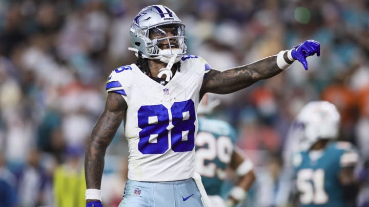 Dec 24, 2023; Miami Gardens, Florida, USA; Dallas Cowboys wide receiver CeeDee Lamb (88) reacts toward Miami Dolphins fans during the fourth quarter at Hard Rock Stadium. Mandatory Credit: Sam Navarro-USA TODAY Sports