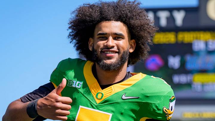 Oregon quarterback Dante Moore walks off the field during the Oregon Ducks annual spring game on April 25, 2026 at Autzen Stadium in Eugene, Oregon.