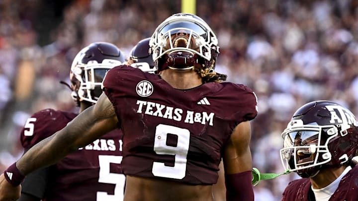 Sep 27, 2025; College Station, Texas, USA; Texas A&M Aggies defensive end Cashius Howell (9) reacts after a sack during the fourth quarter against the Auburn Tigers at Kyle Field. Mandatory Credit: Maria Lysaker-Imagn Images