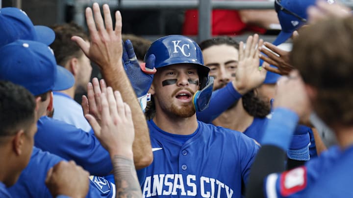 Jun 8, 2025; Chicago, Illinois, USA; Kansas City Royals designated hitter Bobby Witt Jr. (7) celebrates with teammates in the dugout after hitting a two-run home run against the Chicago White Sox during the ninth inning at Rate Field. Mandatory Credit: Kamil Krzaczynski-Imagn Images