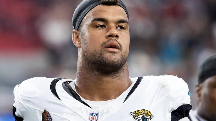 Nov 23, 2025; Glendale, Arizona, USA; Jacksonville Jaguars defensive tackle Arik Armstead (91) against the Arizona Cardinals at State Farm Stadium. Mandatory Credit: Mark J. Rebilas-Imagn Images