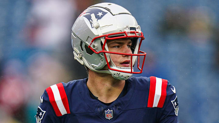 Dec 28, 2024; Foxborough, Massachusetts, USA; New England Patriots quarterback Drake Maye (10) warms up before the start of the game against the Los Angeles Chargers at Gillette Stadium. Mandatory Credit: David Butler II-Imagn Images