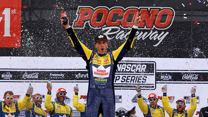 Denny Hamlin celebrates his 64th career win in Sunday's The Great American Getaway 400 at Pocono Raceway.