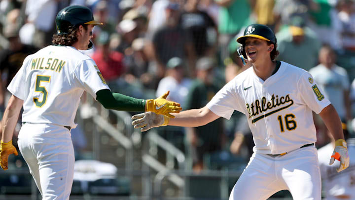 Sep 14, 2025; West Sacramento, California, USA; Athletics first baseman Nick Kurtz (16) celebrates with shortstop Jacob Wilson (5) after hitting a two-run home run against the Cincinnati Reds during the fifth inning at Sutter Health Park. Mandatory Credit: Dennis Lee-Imagn Images