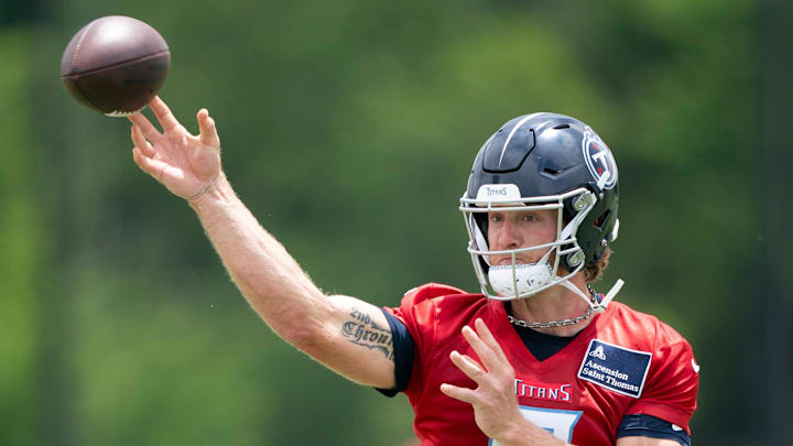 Tennessee Titans quarterback Will Levis throws a pass at OTAs.