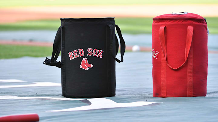 Jun 5, 2019; Kansas City, MO, USA; A general view of ball bags on the field during warm ups before a game against the Kansas City Royals at Kauffman Stadium. Mandatory Credit: Denny Medley-Imagn Images