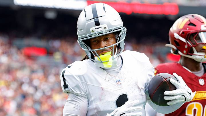 Sep 21, 2025; Landover, Maryland, USA; Las Vegas Raiders wide receiver Tre Tucker (1) celebrates after scoring a touchdown during the second half against the Washington Commanders at Northwest Stadium. Mandatory Credit: Amber Searls-Imagn Images