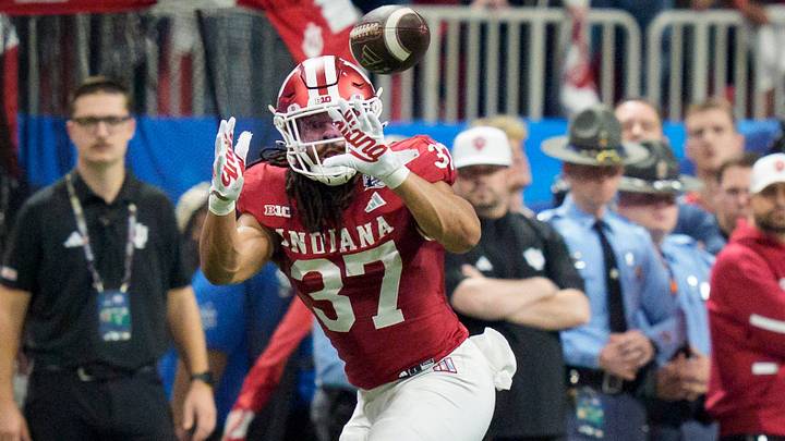 Indiana tight end Riley Nowakowski hauls in a reception as the Oregon Ducks face the Indiana Hoosiers in the Peach Bowl on Jan. 9, 2026, at Mercedes-Benz Stadium in Atlanta, Georgia. Indiana tight end Riley Nowakowski hauls in a reception as the Oregon Ducks face the Indiana Hoosiers in the Peach Bowl on Jan. 9, 2026, at Mercedes-Benz Stadium in Atlanta, Georgia.