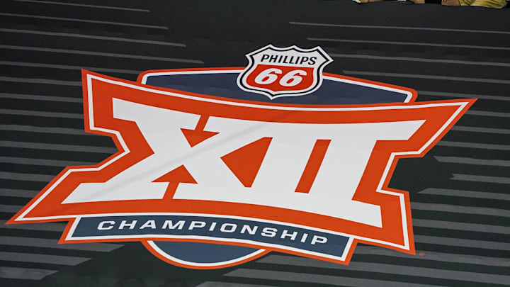 Mar 10, 2021; Kansas City, MO, USA; The Big 12 Conference logo is seen during the second half between Kansas State Wildcats and TCU Horned Frogs at T-Mobile Center. Mandatory Credit: Jay Biggerstaff-Imagn Images