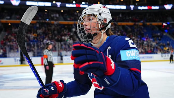 HIlary Knight heads to the bench to celebrate after scoring one of her three goals against Canada in the 2025 Rivalry Series on Nov. 8, 2025 in Buffalo. 