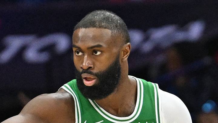 Apr 26, 2026; Philadelphia, Pennsylvania, USA; Boston Celtics guard Jaylen Brown (7) reacts after making a three point basket against the Philadelphia 76ers during the second half at Xfinity Mobile Arena. Mandatory Credit: Eric Hartline-Imagn Images