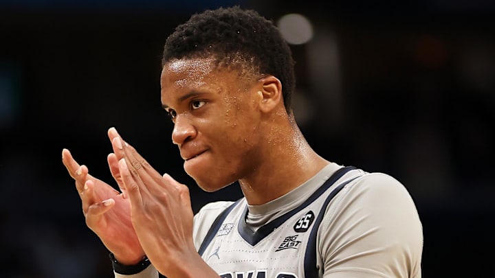 Jan 31, 2025; Washington, District of Columbia, USA; Georgetown Hoyas forward Thomas Sorber (35) celebrates during the second half against the Butler Bulldogs at Capital One Arena. Mandatory Credit: Daniel Kucin Jr.-Imagn Images