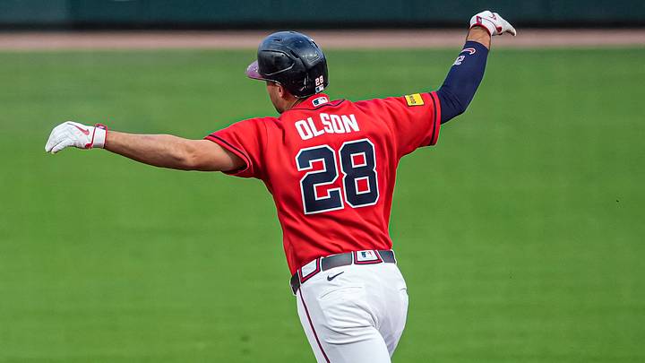 Jul 31, 2026; Cumberland, Georgia, USA; Atlanta Braves first baseman Matt Olson (28) reacts after hitting a home run against the Washington Nationals during the first inning at Truist Park. Mandatory Credit: Dale Zanine-Imagn Images Jul 31, 2026; Cumberland, Georgia, USA; Atlanta Braves first baseman Matt Olson (28) reacts after hitting a home run against the Washington Nationals during the first inning at Truist Park. Mandatory Credit: Dale Zanine-Imagn Images
