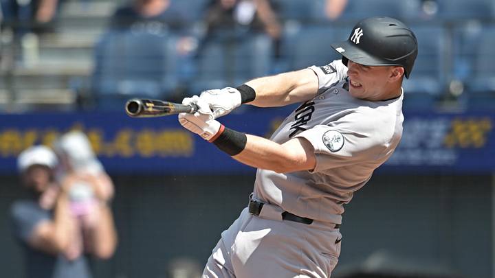 Jun 10, 2026; Cleveland, Ohio, USA; New York Yankees first baseman Ben Rice (22) hits a single during the seventh inning against the Cleveland Guardians at Progressive Field. Mandatory Credit: Ken Blaze-Imagn Images