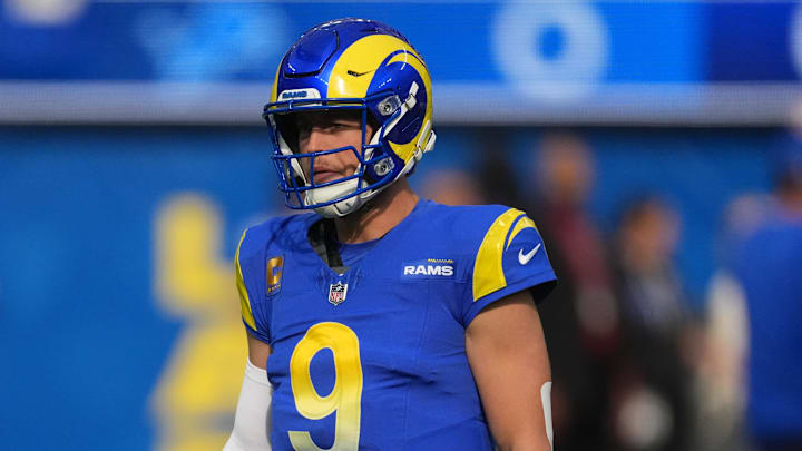 Dec 14, 2025; Inglewood, California, USA; Los Angeles Rams quarterback Matthew Stafford (9) is seen during warmups prior to the game against the Detroit Lions at SoFi Stadium. Mandatory Credit: Kirby Lee-Imagn Images